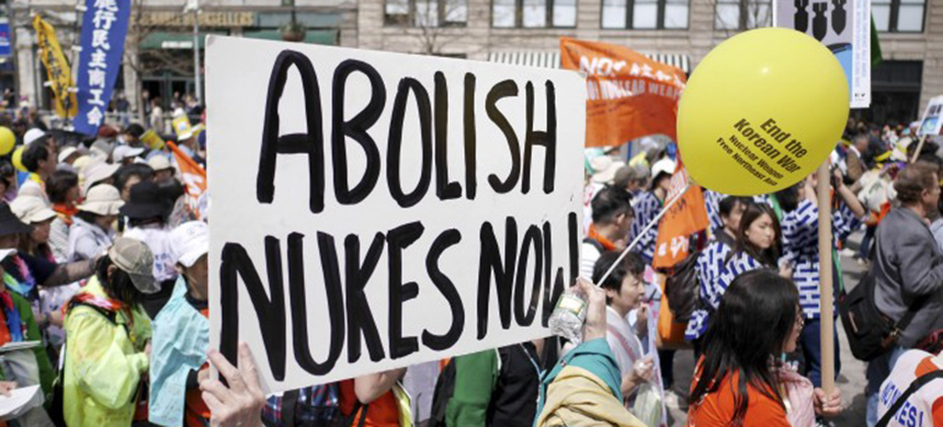 People participate in an anti-nuclear rally in Union Square in New York. (photo: Seth Wenig/AP)