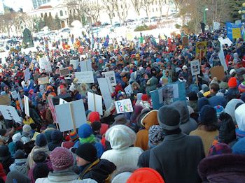 Feb. 15, 2003: Thousands of Winnipeggers joined millions worldwide in opposing the US-led invasion of Iraq. Photo: Glenn Michalchuk
