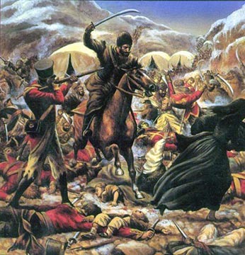 Afghans attacking the retreating British and Indian army during 1st Afghan War in 1842.