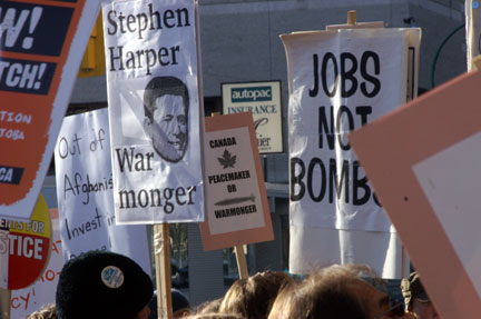 Nov. 15, 2008: Winnipeggers remind delegates to the 2008 Conservative Party of Canada convention that most Canadians oppose the war in Afghanistan. Photo: Glenn Michalchuk
